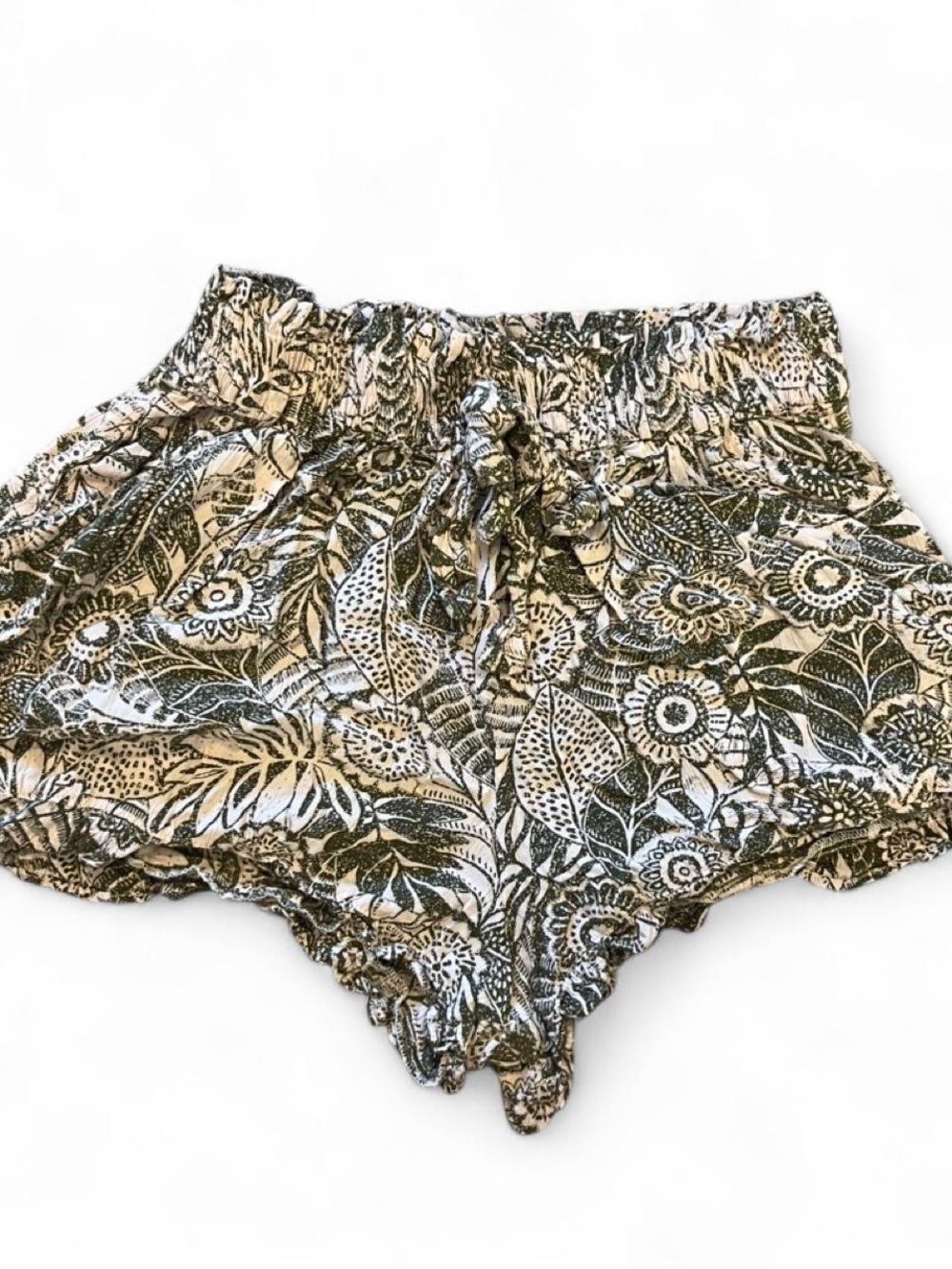 Angie Green and Cream Botanical Print Elastic Waist Shorts